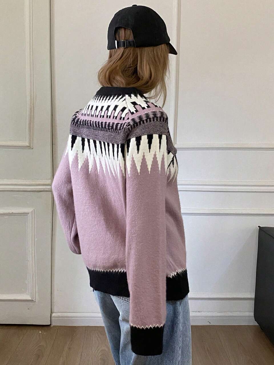 Women's Contrast Color Jacquard Loose Fit Zip-Up Casual Street Style Knit Cardigan, Autumn/Winter School
