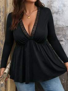 Vionelle 女士加大码V领花卉边饰长袖收腰修身T恤 - 黑色 - 查看 1