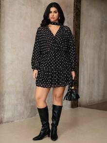 Roveilla 大码黑色波点V领系腰连衣裙，秋冬 - 黑色 - 查看 6