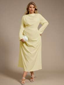 Auralis Asymmetric Irregular Fitted Commuter Elegant Minimalist Women Long Dress/Plus Size Women Autumn Spring Commuter Casual Outdoor Yellow Waist Flared Ruched Collar Design Long Dress, Suitable For Valentine's Day, Concert, Performance, Date, Formal Banquet, Prom, Wedding Season, Sexy, Elegant, Commuter, Back To School, Vacation, Beach, Romantic, Office Lady, Mermaid Style, Birthday Party, Valentine Outfits For Women - Yellow - View 8