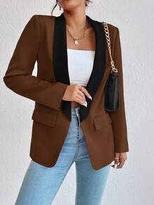 SHEIN Unity Women's Contrast Color Shawl Collar Pocket Business Formal Blazer - Brown - View 4
