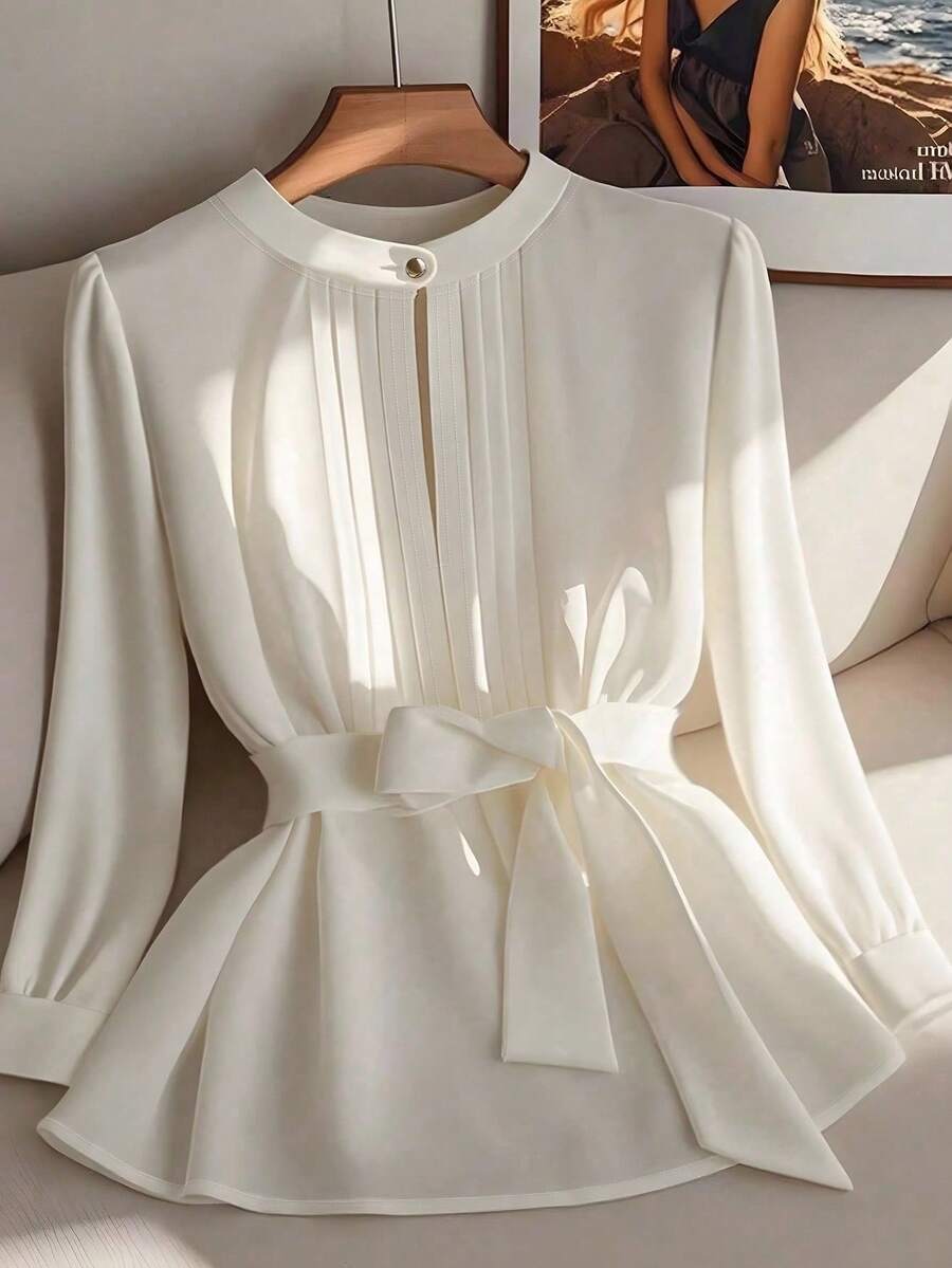 Franclia Women's Elegant Solid Color Long Sleeve Blouse, For Commute Fall Cloth For Women - White - View 1