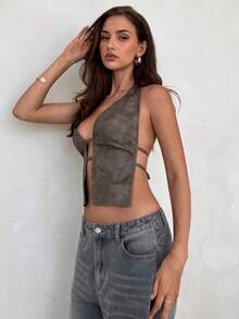 Aloruh Women's Sexy Deep V Beaded Decor PU Backless Halter Top,Tank Top - Brown - View 4