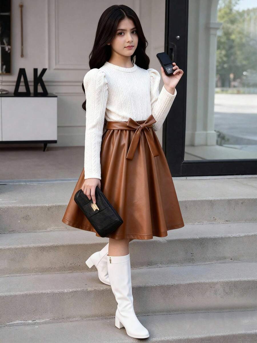 Sparklyn 秋冬季女童优雅针织圆领泡泡袖PU仿皮拼接连衣裙 - 棕色 - 查看 1