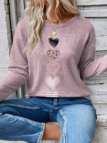 EMERY ROSE 大码女式心形印花长袖圆领休闲T恤，秋冬 - 淺粉色 - 查看 4