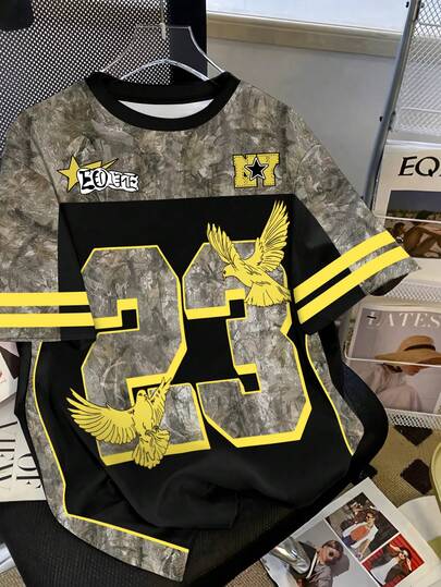 Manfinity Dauomo Camiseta de manga corta con estampado digital de camuflaje y hojas, estilo callejero de talla grande para hombres, adecuada para compras diarias, salir a tiendas y citas, con un estilo de primavera y verano a la moda y llamativo