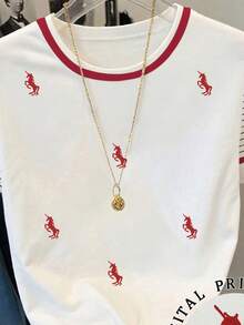 Resyla 女士休闲独角兽条纹印花拼接T恤，夏季 - 白色 - 查看 4