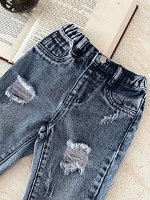 SHEIN Pantalones pitillo de mezclilla azul para niños pequeños - Azul lavado oscuro - Ver 4