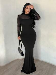 SHEIN SXY 女士时尚通勤网眼拼接修身连衣裙 - 黑色 - 查看 3