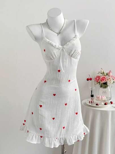 Comfortcana Women's Casual Heart Embroidery Strap Mini Dress, Summer Valentine's Day 2026 New Fashionable Women's Summer Casual Plaid Cherry Print Backless Halter Mini Dress Spring Dress Women New Year's Eve Dress  Valentine's Day Party Dress Elegant Dress For Women  Vacation Outfits Women Pink Dress  Summer Dresses For Women Summer Outfits For Women Spring Outfit Women Clothes Valentine's Day Dress Beach Dress Wedding Guest Dress For Women Birthday Dress Elegant Dresses For Women Casual Dresses For Women Vacation Outfits Women Graphic Dress  Pink Dress White Dress For Women