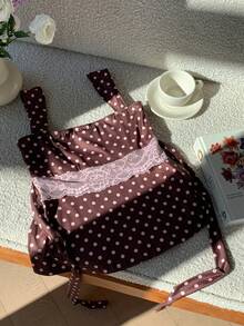 Comfortcana 2025秋冬新款时尚女装夏季撞色蕾丝波点印花宽肩带上衣，适合夏季、圣诞节、新年等各种场合，也可作为派对、沙滩、休闲度假波点上衣穿着。 - 棕色 - 查看 7