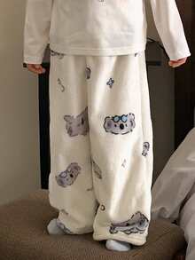 DAZY Young Girl Cute Cartoon Koala, Star, Silver Fox Plush Loose Pajama Pants, Autumn/Winter - White - View 5