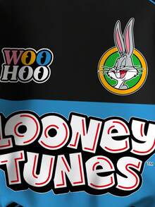 LOONEY TUNES X SHEIN 青少年男孩休闲时尚街头卡通字母拼布印花落肩宽松羊毛套头衫，秋冬 - 白色 - 查看 3
