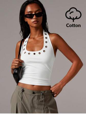 Athîral Women's White Metal-Eyelet Halter Top | Smooth Stretch Knit Fabric, Slim Fit, Square Halter Neckline, Sleeveless, Cropped Length For Spring And Summer, Bold Metallic Eyelet Trim, Street-Chic Style, Edgy Versatile Basic, Capsule Wardrobe Staple For Office, Day-To-Night Social Events & Urban Outings, Halter Top, Grommet Tank Top, Women Top, Cropped Tank Tops