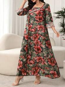 Al Najma Square Neck Ruffle Sleeve Mesh Embroidered Floral Trim Asymmetrical Print Dress - Multicolor - View 4