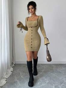 Modelyn Women's Butterfly Tie Elegant Short Dress, Autumn/Winter - Khaki - View 7