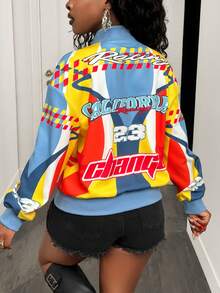 BamGleam Áo khoác bóng chày nữ dài tay in chữ, có khóa kéo, kiểu dáng thường ngày, áo khoác mùa đông nữ, áo mùa đông cho nữ, áo mùa đông cho nữ, áo mùa đông nữ, áo cho năm mới, áo khoác năm mới, áo khoác Y2K thường ngày, áo khoác tay dài nữ, áo khoác in họa tiết, áo khoác thời trang bán chạy, áo khoác đồ họa. - Màu xanh lam - Xem 2