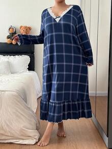 Napfluff CURVE Napfluff CURVE Plus Size Women's Navy Blue Plaid Print Ruffle Trim Lace V-Neck Bow Tie Super Soft Milk Silk Long Sleeve Nightgown, Casual Comfortable Wear As Midi Dress, Moo Moo Night Dress - Navy Blue - View 4