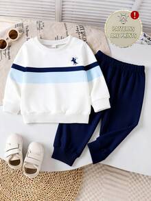 SHEIN Playful Pals 2 pièces Ensemble décontracté pour bébé garçon, sweat-shirt à col ras-du-cou à manches longues avec imprimé rayé de cheval et pantalon, convient pour les sorties en automne/hiver - Multicolore - Voir 3