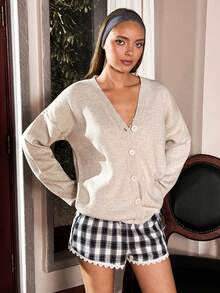 Cloudara Drop Shoulder Button Front Cardigan - Beige - View 5