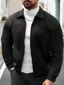 Manfinity CasualCool 男士休闲纯色拉链立领夹克，秋季黑色拉链夹克，商务正装风格，老款 - 黑色 - 查看 1