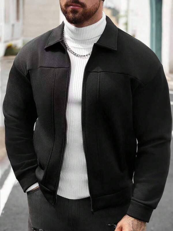 Manfinity CasualCool Men's Casual Solid Color Zipper Stand Collar Jacket, Autumn Black Zip Up Jacket, Business Formal Style, Old Money