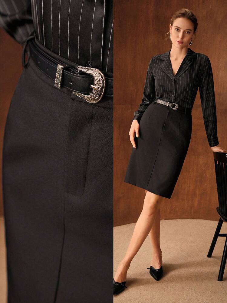 SOLID SPLIT HEM BELTED STRAIGHT SKIRT