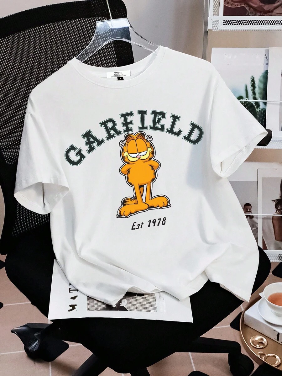 GARFIELD | SHEIN Áo thun nữ cổ tròn tay ngắn dáng rộng thoải mái, phù hợp cho mùa hè - trắng - Xem 1