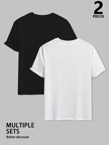 Manfinity Homme 2 chiếc áo thun nam cổ tròn in chữ tay ngắn dáng ôm thoải mái - trắng - Xem 2