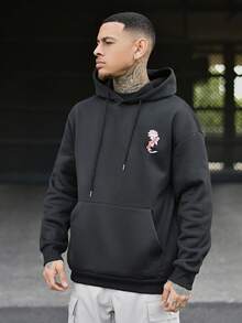 Devon Thys 男士休闲街头鲤鱼与莲花印花口袋抽绳连帽衫，保暖内衬，秋冬 - 黑色 - 查看 5