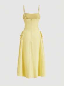 SHEIN MOD Solid Ruched Bust Lace Up Side Formal Cami Long Dress,Pastel Dresses For Women - Yellow - View 2