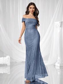 Coutiva 优雅刺绣拼接露肩连衣裙，下摆设计，正式晚礼服，适合婚礼宾客、毕业典礼、派对、圣诞节、秋冬季节、情人节等场合穿着。 - 霧霾藍 - 查看 5