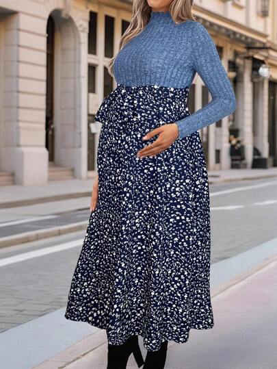 SHEIN Fall Clothes,Autumn Clothes,Materity Autumn Clothes Maternity Maternity Casual Floral Patchwork Dress, Autumn Maternity Maxi Dress Pregnant Outfits Modest Maxi Dress Maternity Two Piece Sets Modest Two Piece Set Maternity Outfits Maternity Dress