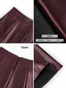 Pariaura 女士酒红色PU皮拉链A字裙，适合万圣节派对、婚礼宾客等场合，优雅百搭，冬季外出穿着，秋冬季圣诞节等节日穿着，时尚别致。 - 酒紅色 - 查看 7