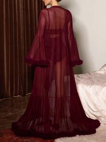 Slumberist Women's Flare Sleeve Ruffle Hem Sexy Mesh Extra Long Robe + Women's Sexy Lace Bodysuit Pajama Set, 2pcs - Maroon - View 2
