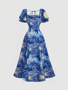 SHEIN MOD 1pc 女士梵高“星夜”印花蓝色连衣裙（不含白色内衬衬裙），复古宫廷风泡泡袖，艺术系列