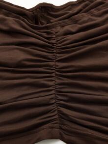 SHEIN ICON Áo dệt kim nhún bèo màu trơn dành cho nữ + vòng cổ choker, mùa xuân/hè, kiểu dáng thanh lịch, thích hợp đi chơi, đi biển, phong cách đồng quê, áo thường ngày, sang trọng, áo sinh nhật, phong cách boho, áo nhún bèo, kỳ nghỉ hè, phong cách retro - Màu nâu Sô-cô-la - Xem 5