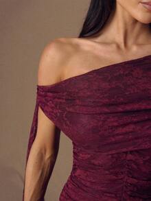 SHEIN BAE 女款優雅派對性感蕾絲不對稱領口洋裝 - 酒紅色 - 查看 7