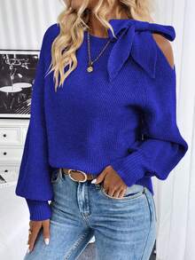 EMERY ROSE Modern enfärgad tröja med bara axlar och knytband, mångsidig för höst/vinter - Blå - Visa 8