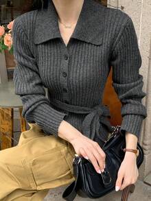 DAZY Cárdigan de punto casual de un solo pecho de unicolor y manga larga para mujer - Gris - Ver 5