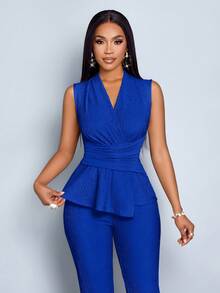 SOLERSUN 女款杏色优雅V领长袖T恤阔腿裤两件套不对称下摆两件套日常休闲女装春夏无袖短袖 - 寶藍色 - 查看 8