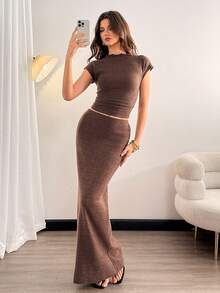 SHEIN Tall Bộ 2 áo thun tay ngắn cổ đứng màu trơn và chân váy ngắn chữ A cho nữ - màu nâu - Xem 5