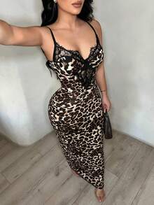 SHEIN SXY Váy ôm sát họa tiết da báo phối ren dành cho nữ - Nhiều màu - Xem 1