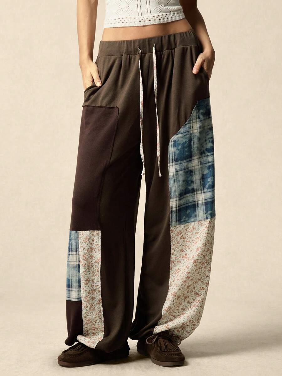 SoleilVie 女士复古拼接束口阔腿裤：小众设计，采用做旧格子和花卉印花，多色拼接工艺，中腰抽绳束口，宽松显瘦的休闲长裤 - 彩色 - 查看 1