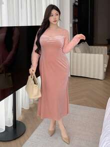 Dazy Plus Bodycon Partykleid für Damen in Große Größen mit Samt-Kontrast-Spitze, sexy und dehnbar für Dates, elegante Damenkleider für den Abschlussball - Pink - Übersicht 9