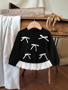 女婴毛衣 时尚可爱圆领长袖针织上衣，配有3D蝴蝶结、刺绣花卉下摆拼接，柔软舒适，适合春、秋、冬、日常、户外、旅行、度假、居家、托儿所等场合穿着。另有女婴黑白连衣裙、黑色连衣裙、白色领连衣裙、优雅女婴上衣、黑色女婴服装、女婴服装、黑色蝴蝶结女婴服装、婴儿针织衫等。 - 黑色 - 查看 7