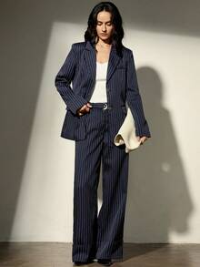 Aveloria Modichic Bộ vest kẻ sọc thời trang thanh lịch kiểu Hàn Quốc và quần ống rộng cho nữ - Màu xanh hải quân - Xem 3