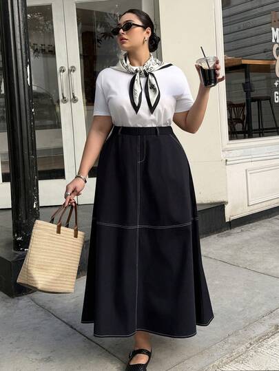 Dripcurv Falda ancha de invierno de color azul oscuro, simple y elegante, para mujeres de talla grande, con bloques de color con estilo retro, adecuada para vestidos de Año Nuevo y ropa de verano para mujeres.