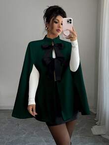 Rafferiza Áo khoác cape len pha trắng dáng rộng thanh lịch thời trang dành cho nữ - Màu xanh lá cây đậm - Xem 6