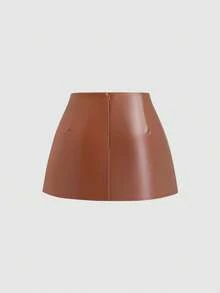 Sweetra 性感低腰时尚PU皮革开衩迷你裙，女士春夏款 - 鏽棕色 - 查看 2